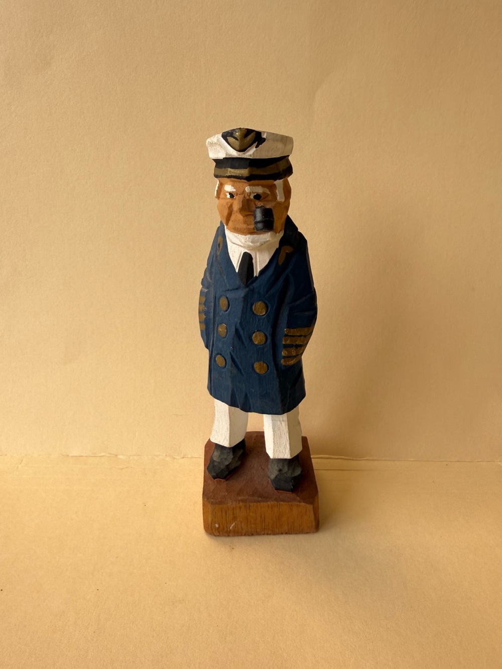 Vintage Folk Art Hand Carved Wood Sea Captain Figurine Navy & White Beach Decor